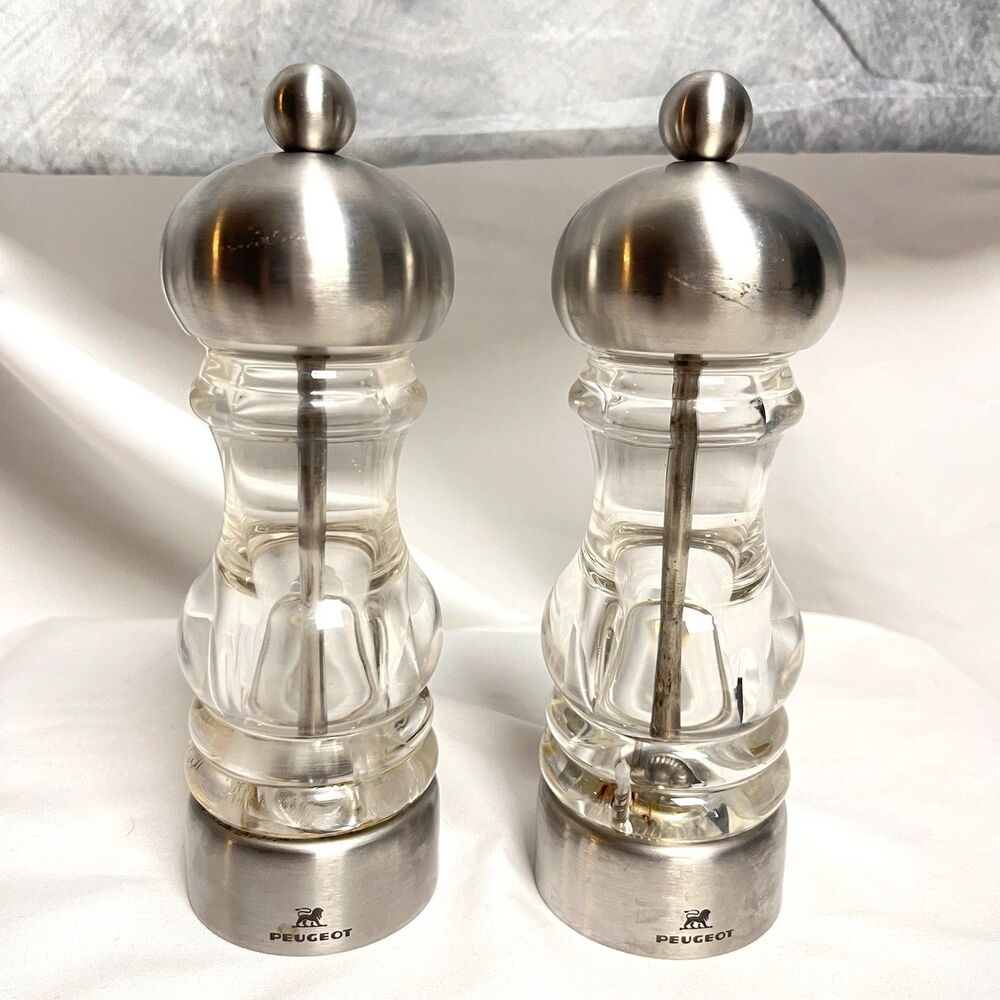 Peugeot France Salt & Pepper Mill Set Acrylic Stainless Steel 6” Clear